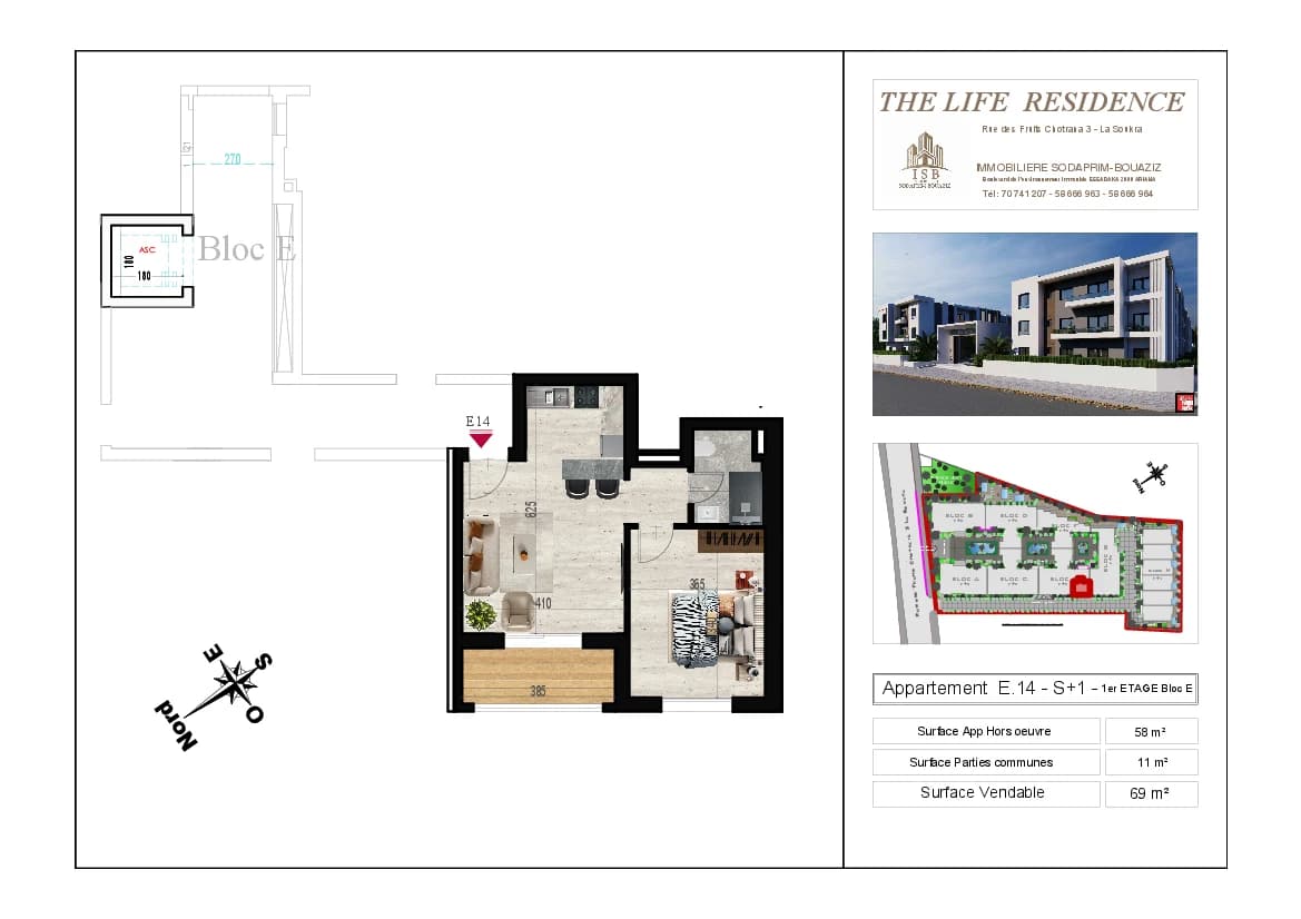 Plan S+1 - Appartement E.14 - 1er étage Bloc E