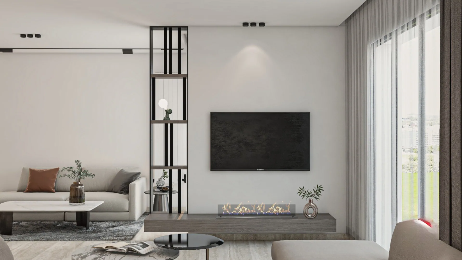 Salon moderne S+2 avec cheminée et TV