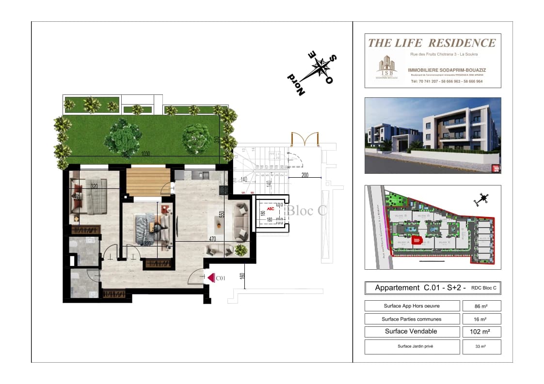 Plan S+2 - Appartement C.01 - RDC Bloc C