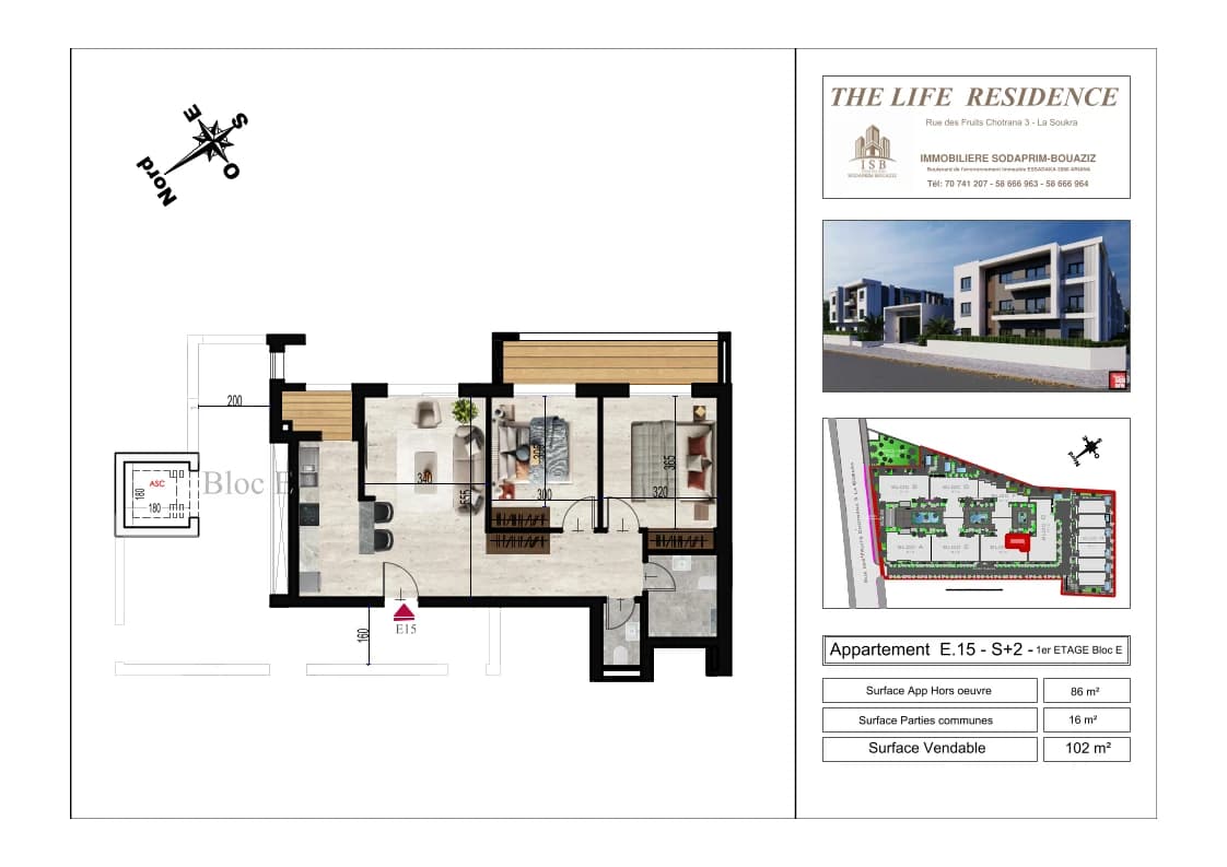 Plan S+2 - Appartement E.15 - 1er étage Bloc E