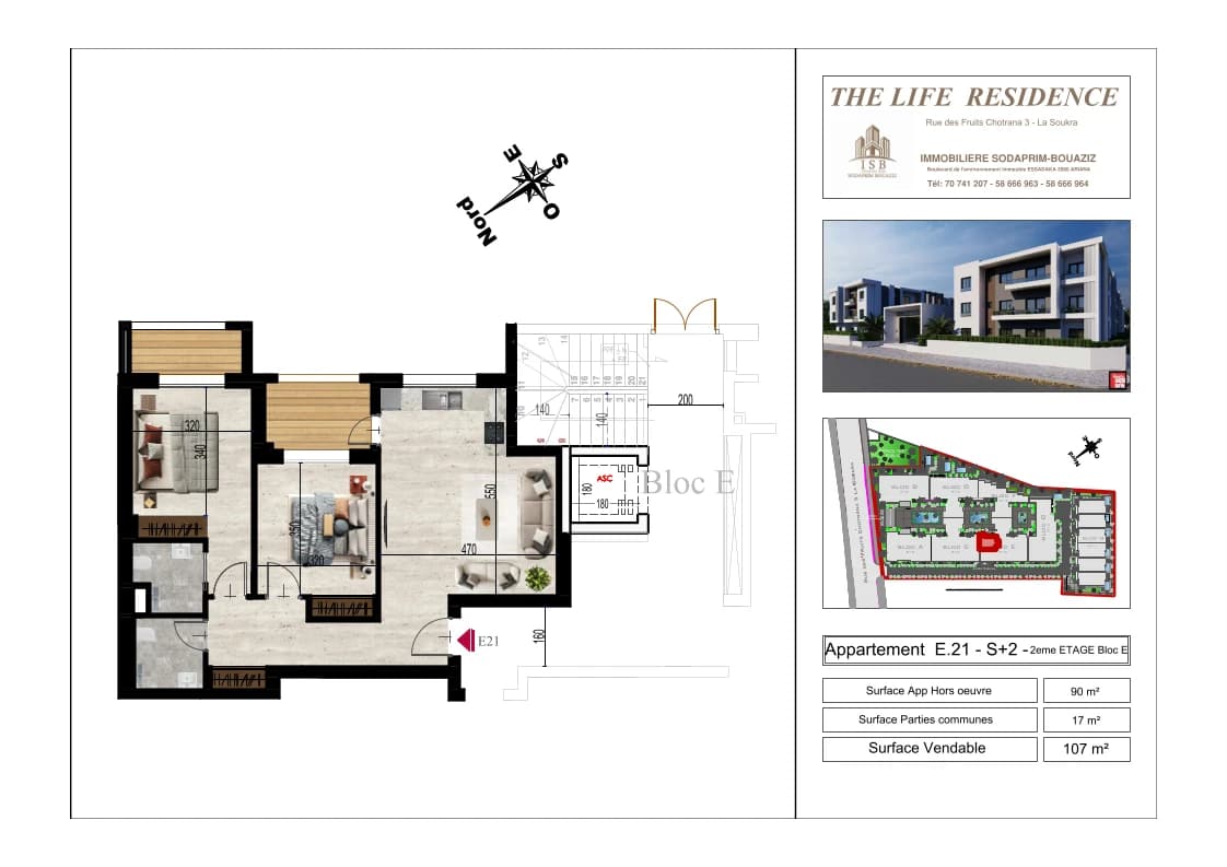 Plan S+2 - Appartement E.21 - 2ème étage Bloc E
