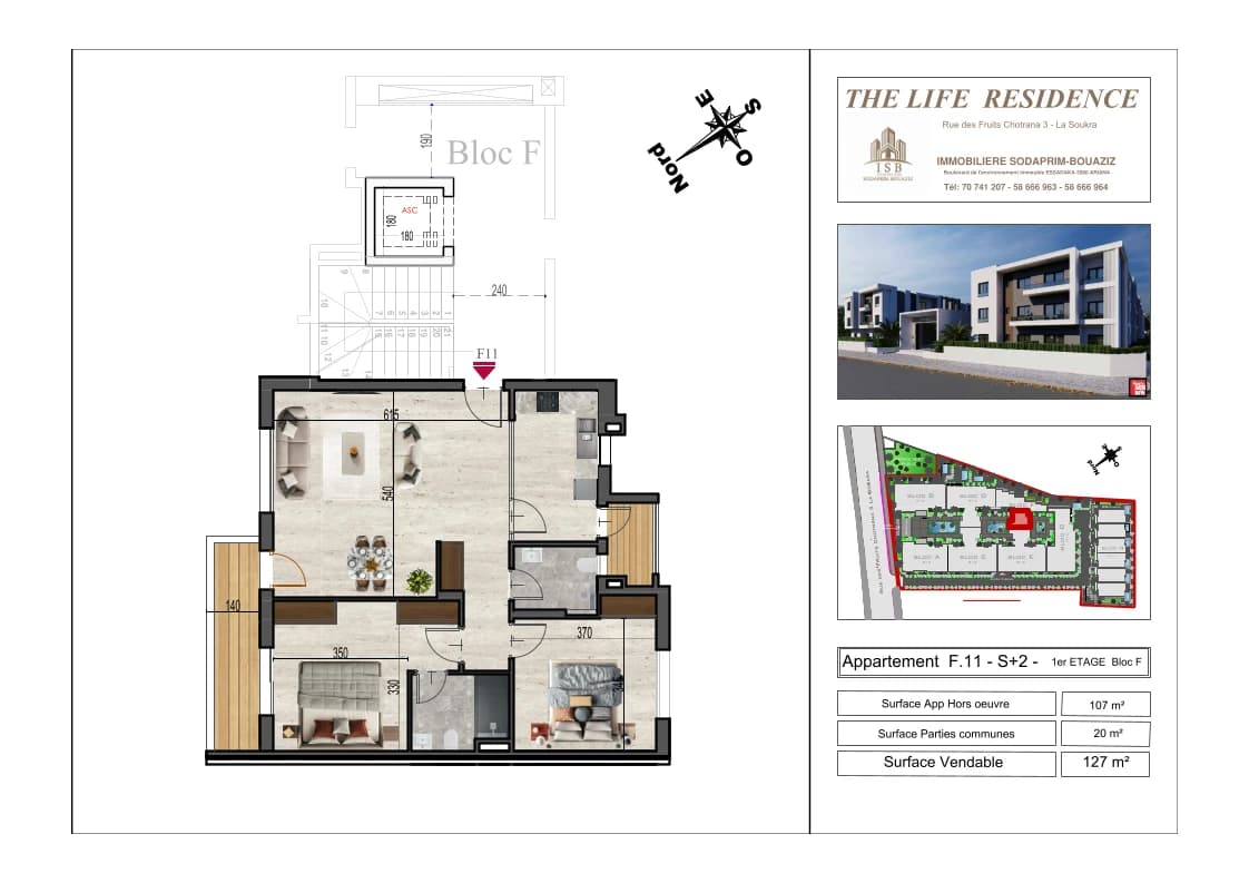Plan S+2 - Appartement F.11 - 1er étage Bloc F
