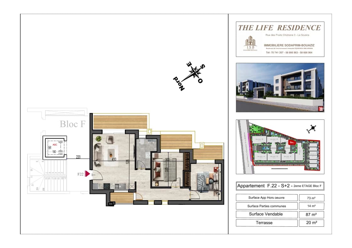 Plan S+2 - Appartement F.22 - 2ème étage Bloc F